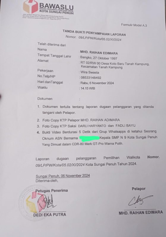 Kepsek SMPN 9 Sungai Penuh Resmi Dilaporkan Ke Bawaslu Atas Dugaan Pelanggaran Netralitas ASN