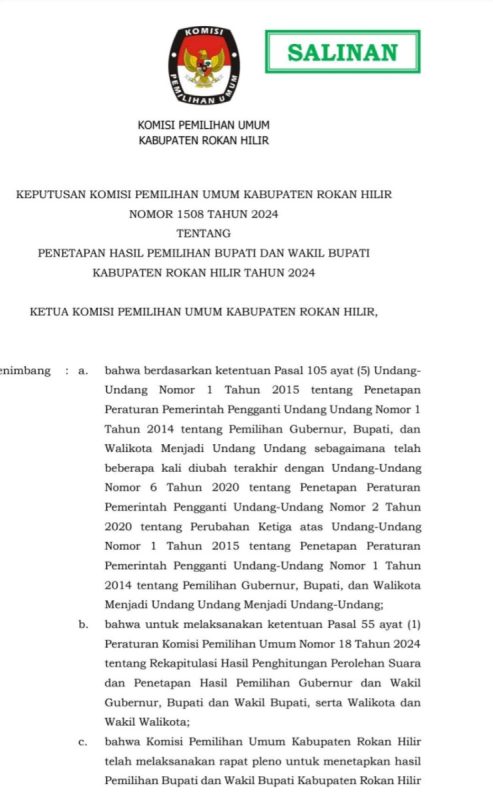 H. Bistamam dan Jhony Charles Raih Kemenangan Pilkada Rohil 2024 dengan Perolehan Suara Terbesar