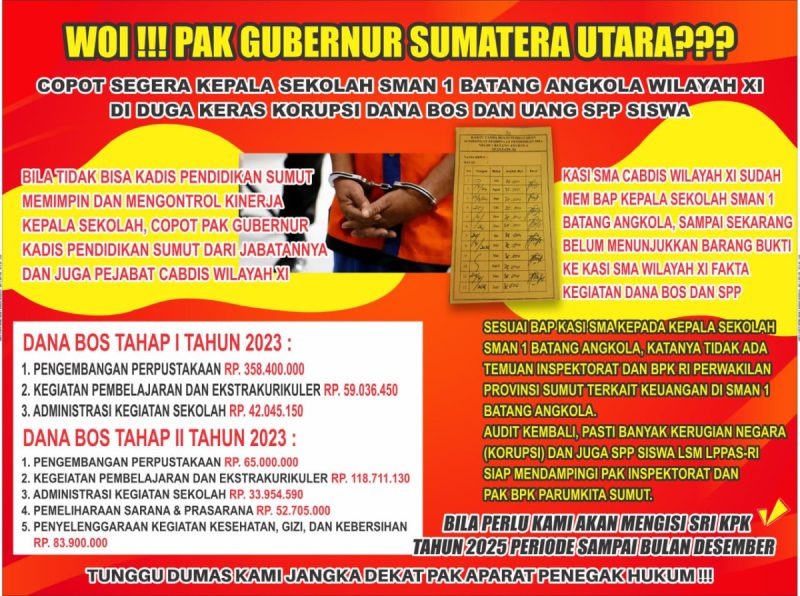 Kepala Sekolah SMAN 1 Batang Angkola Cabdis Pendidikan Wilayah XI Di Duga Besar Korupsi Dana Bos Dan SPP Siswa